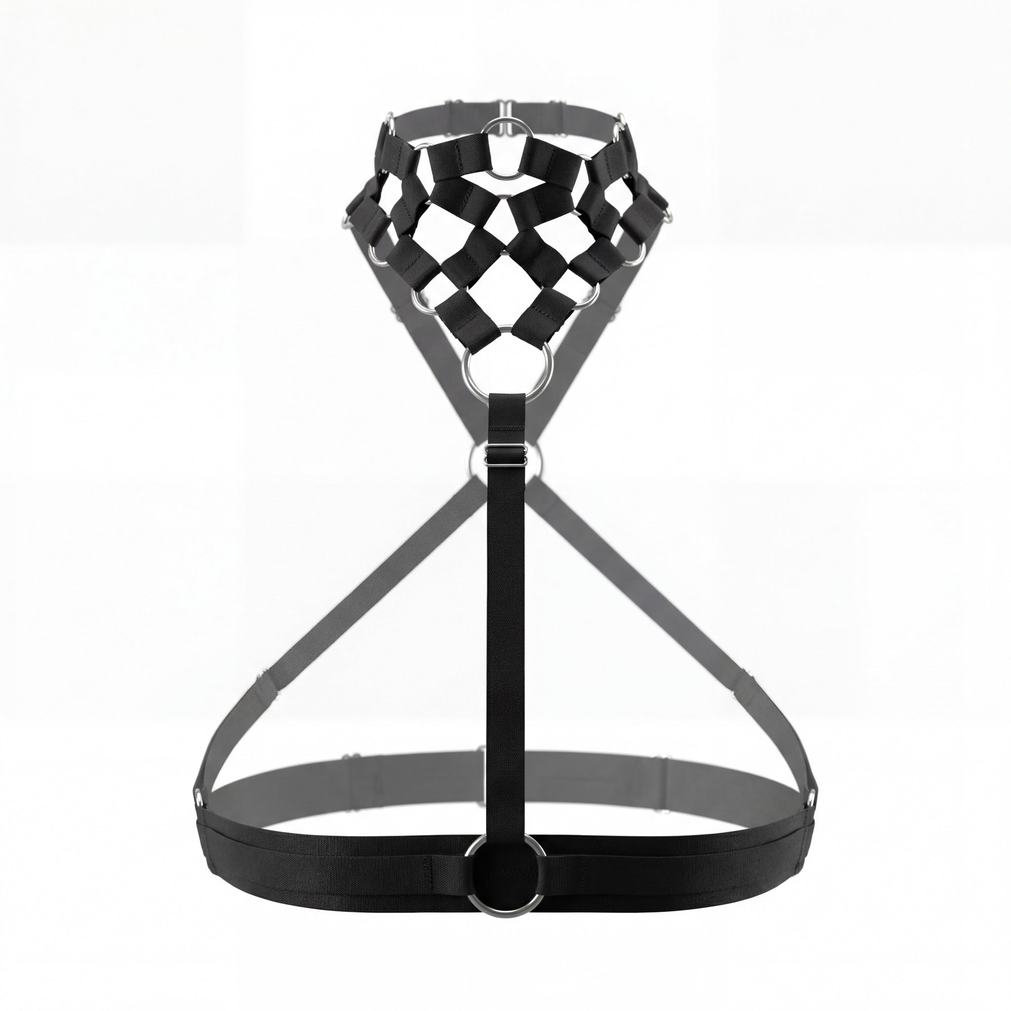 MARYLY adjustable lattice body harness front view with 1 cm and 2 cm elastic straps