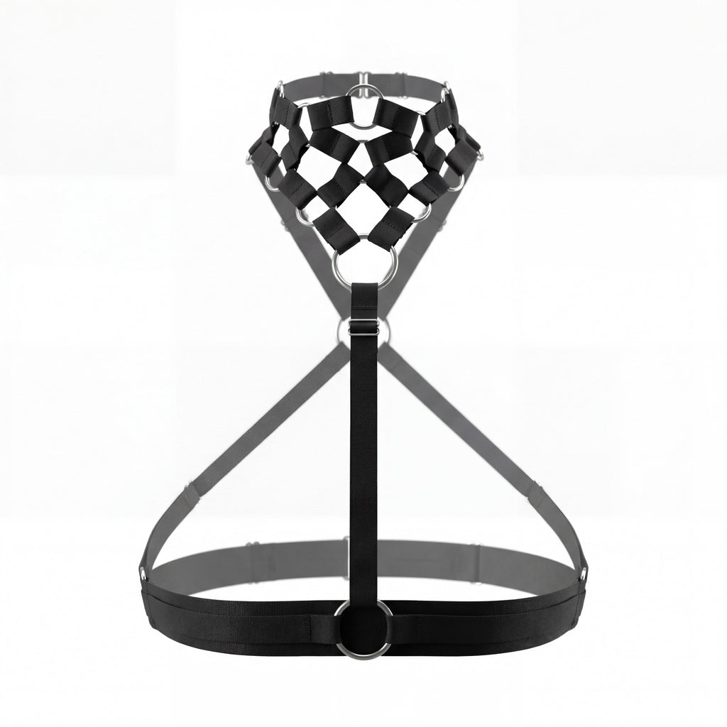 MARYLY black lattice body harness front view with adjustable elastic straps