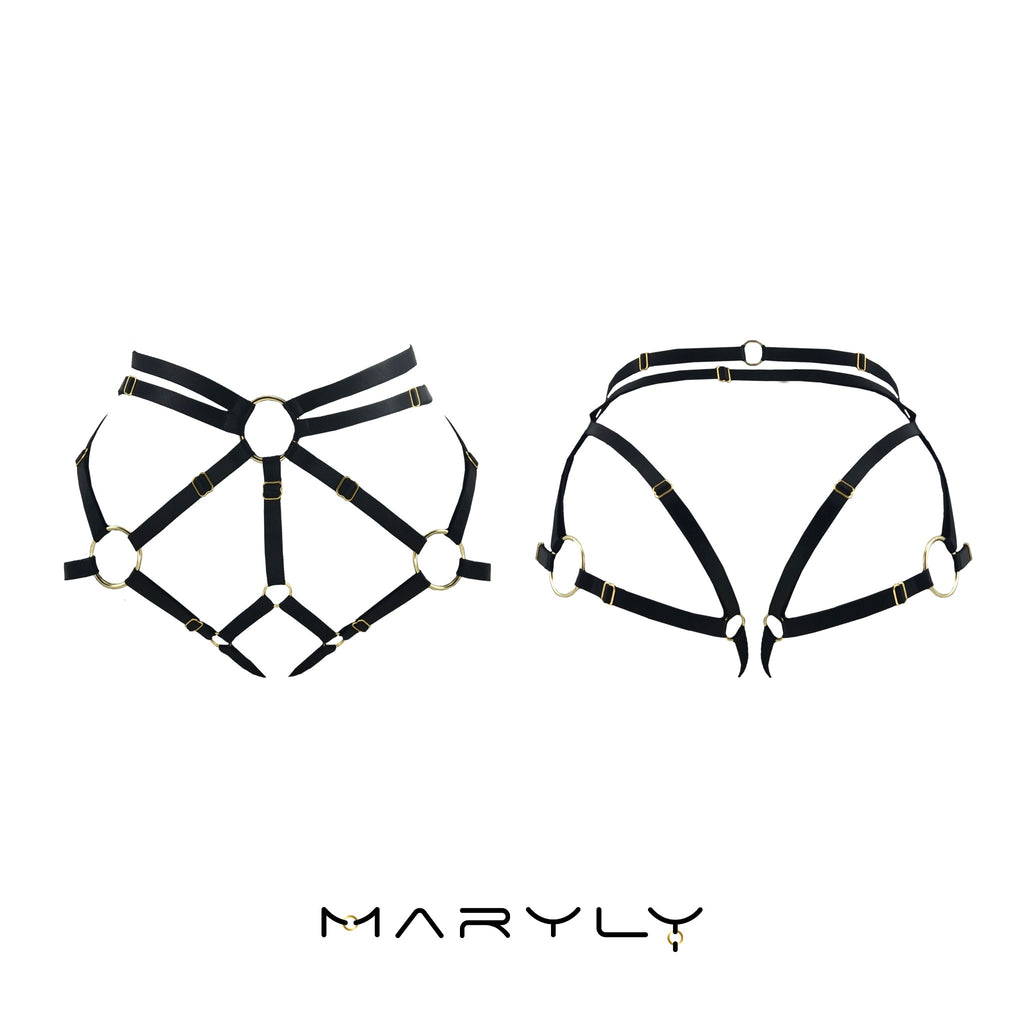 MARYLY black adjustable harness panties with gold hardware