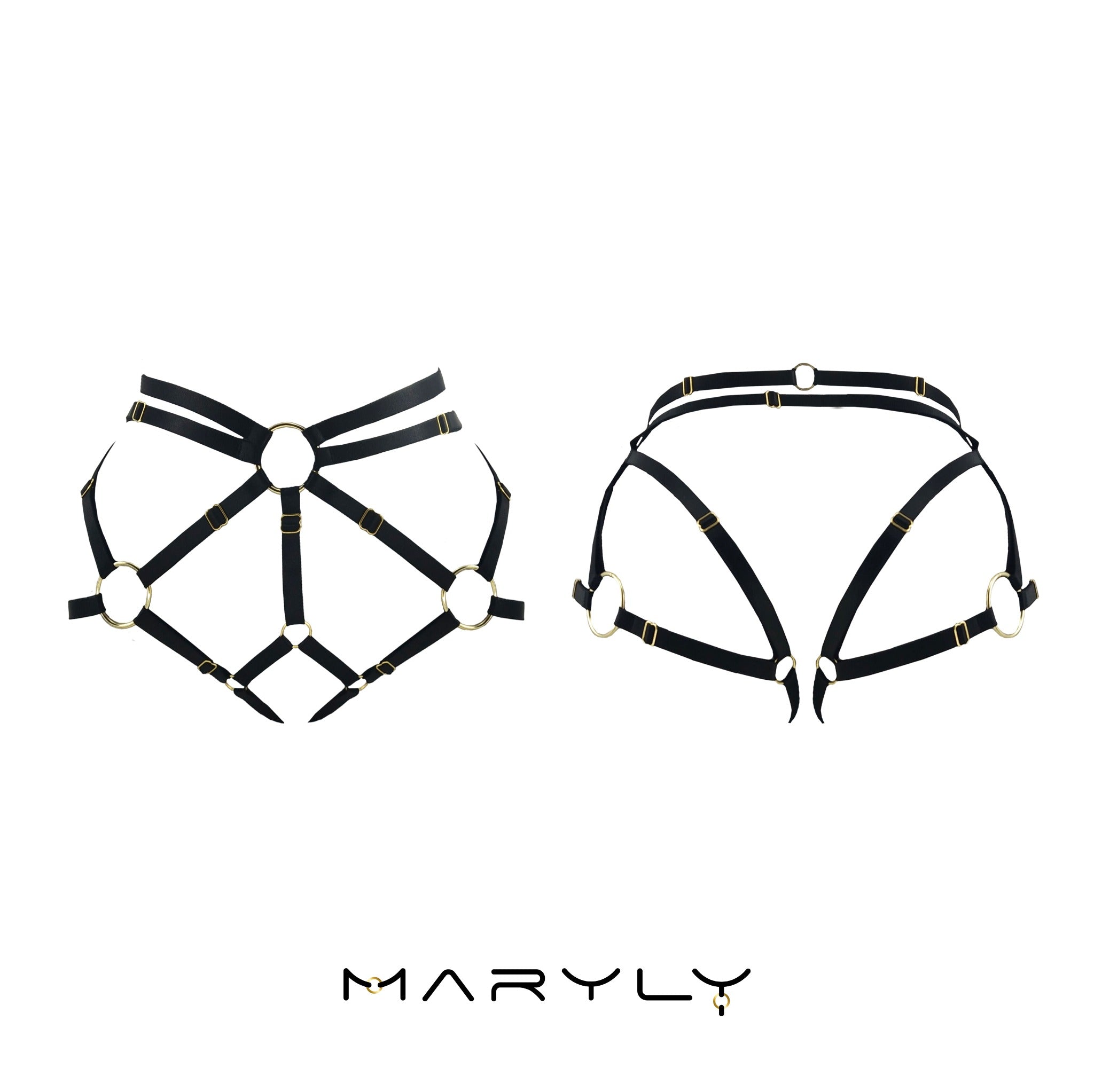 MARYLY black adjustable harness panties with gold hardware