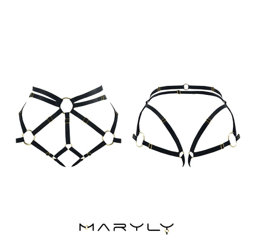 MARYLY black adjustable harness panties with gold hardware