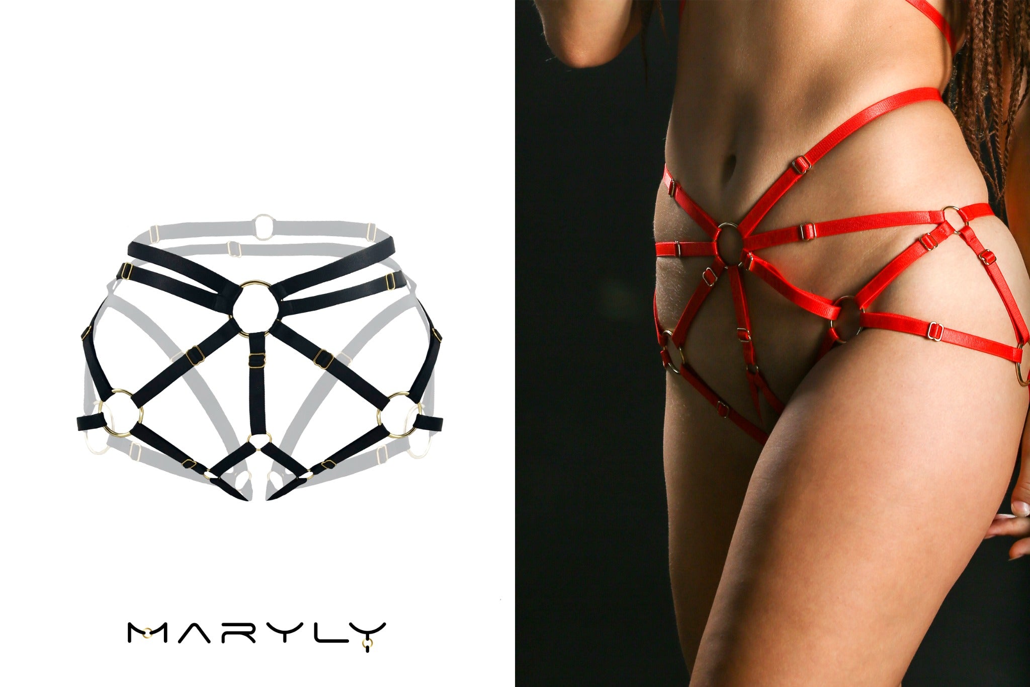 MARYLY red adjustable harness panties with gold hardware