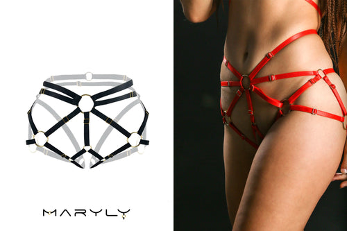 MARYLY red adjustable harness panties with gold hardware