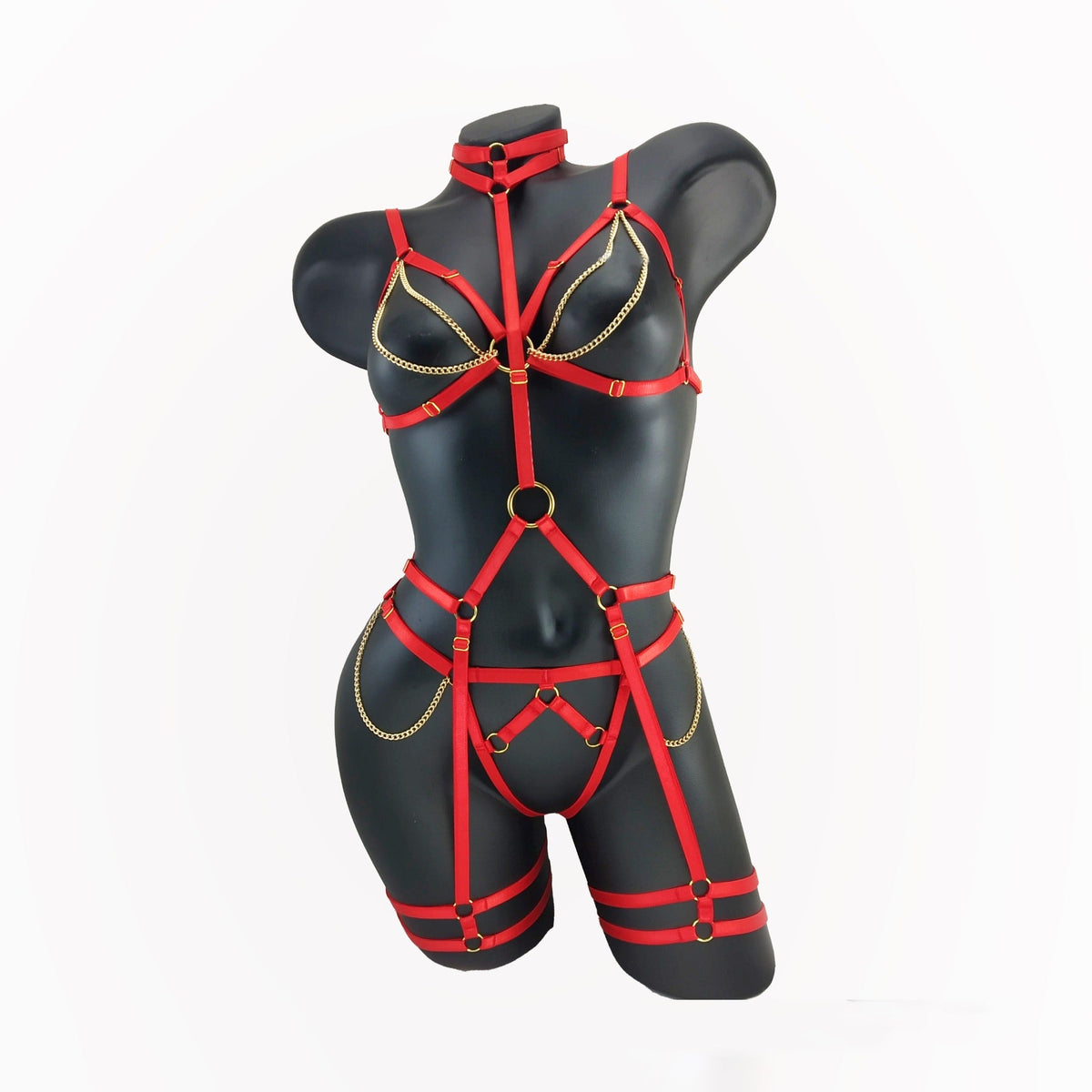 MARYLY red harness set with harness top, panties and full body harness on mannequin