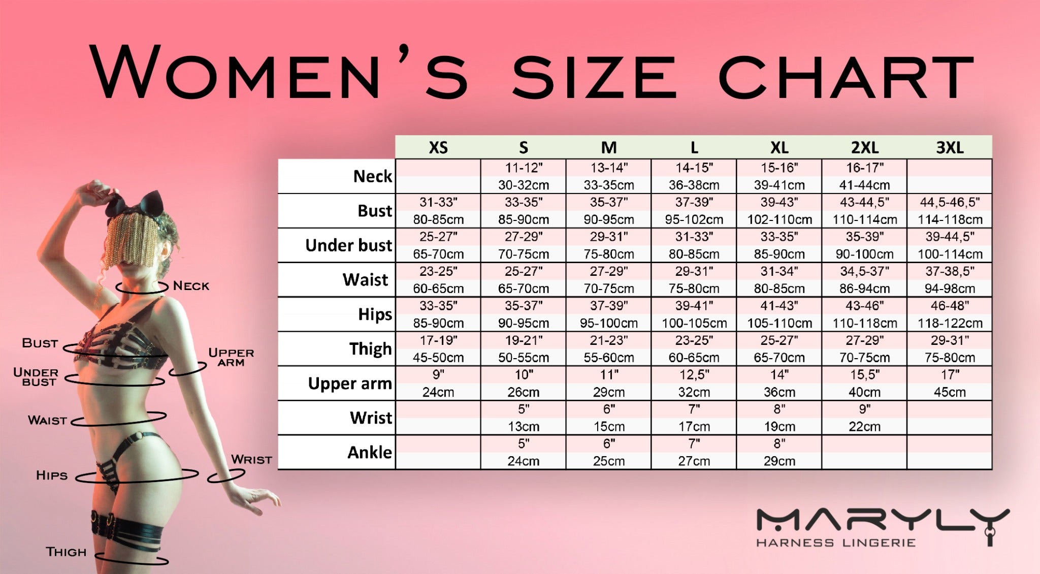 MARYLY women's body harness size chart XXS to 3XL