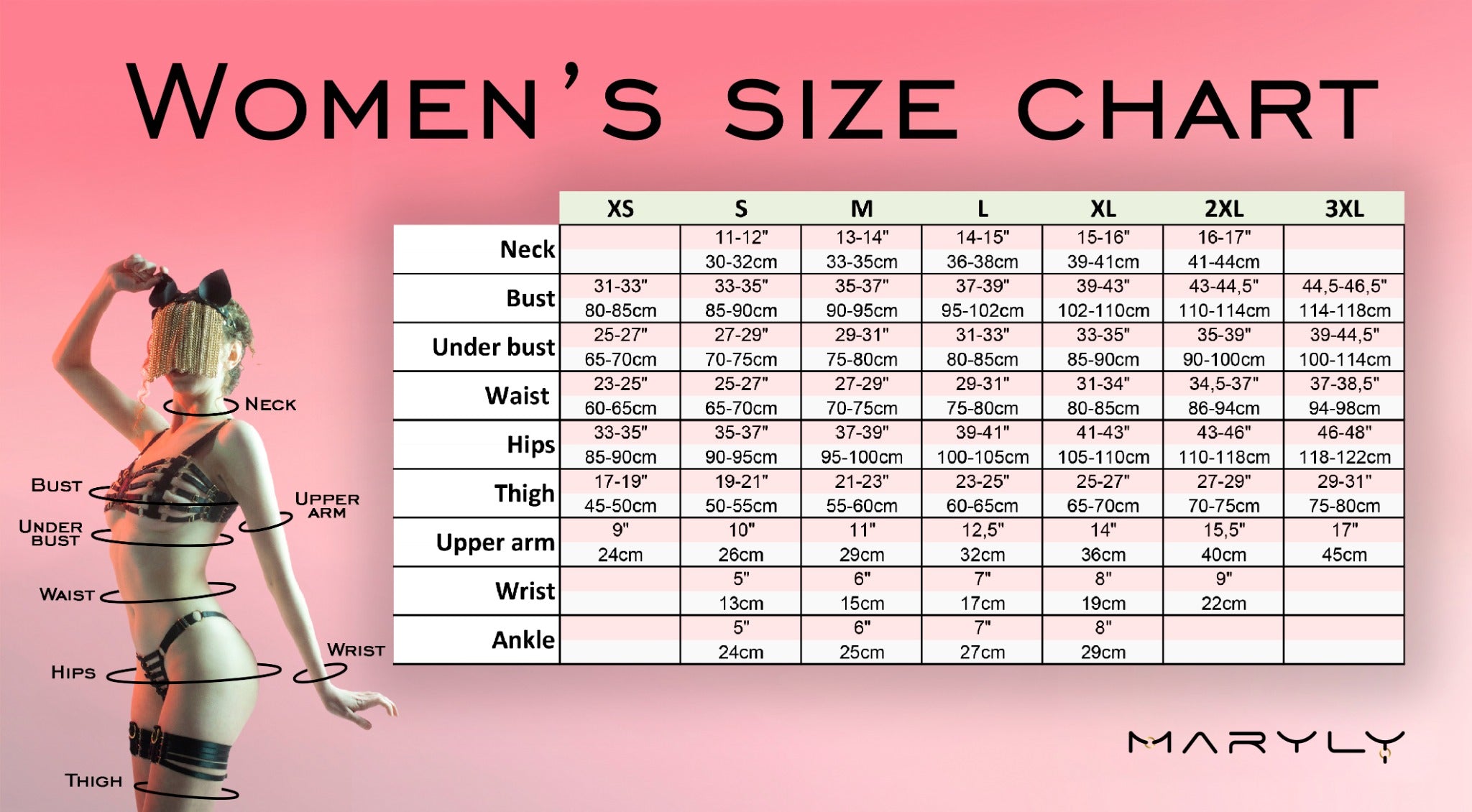 MARYLY women's harness size chart from XXS to 3XL