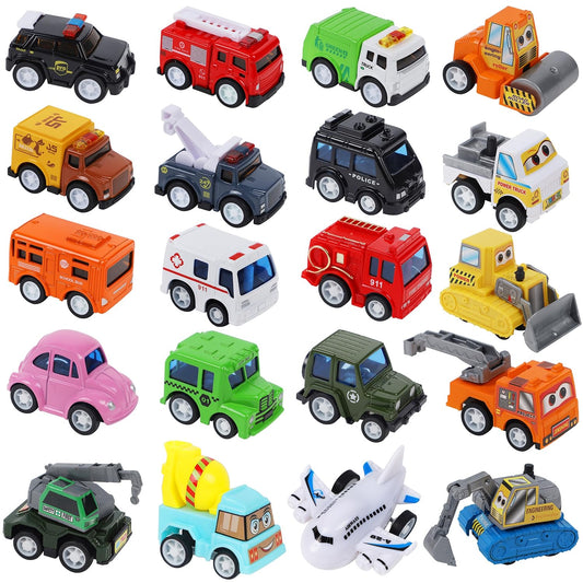 Juegoal 20 Piece Pull Back City Cars & Trucks Toy Vehicles Set for 3-6 Year Old Toddlers, Model Alloy Car Mini Vehicle Toys, Boy Girl Educational Play, Easter Basket Stuffers Egg Fillers Party Favor